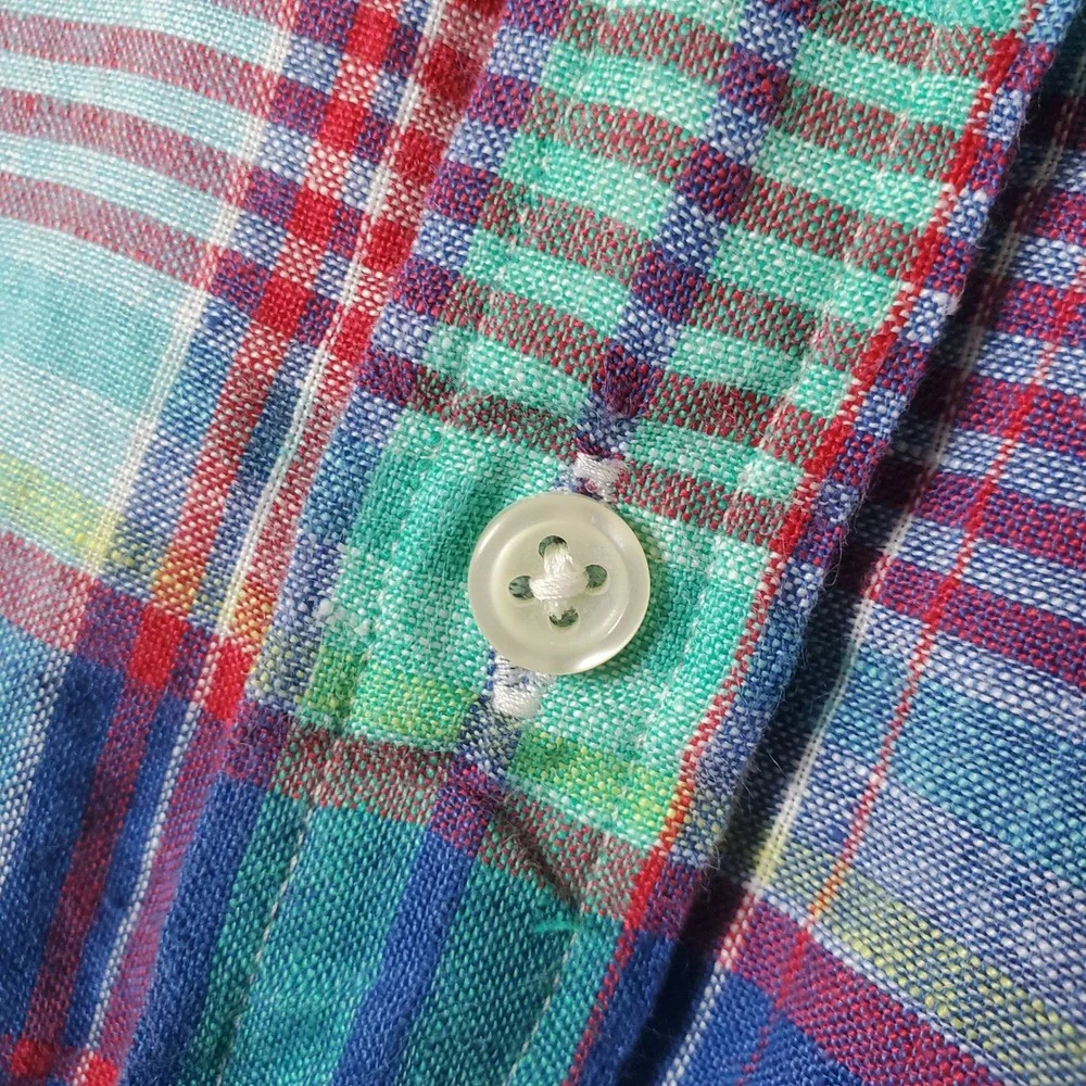 Ralph Lauren Multicolor Plaid Slub Linen Button Down Shirt Blue Green Youth Lg